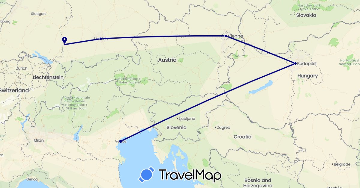 TravelMap itinerary: driving in Austria, Germany, Hungary, Italy (Europe)